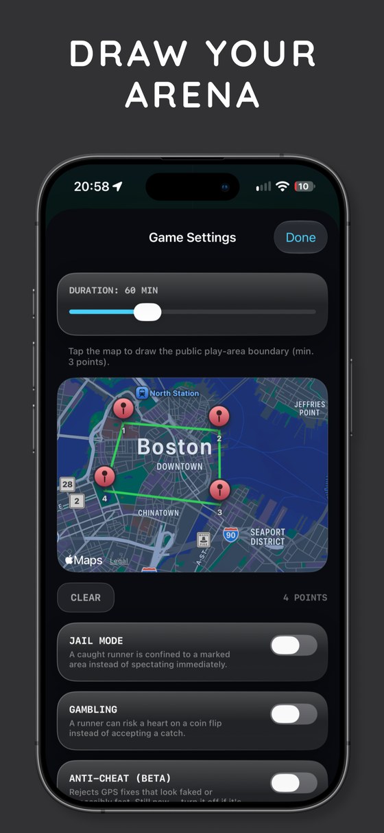 Draw Your Arena: drawing the play-area boundary on the map, with jail mode and gambling toggles