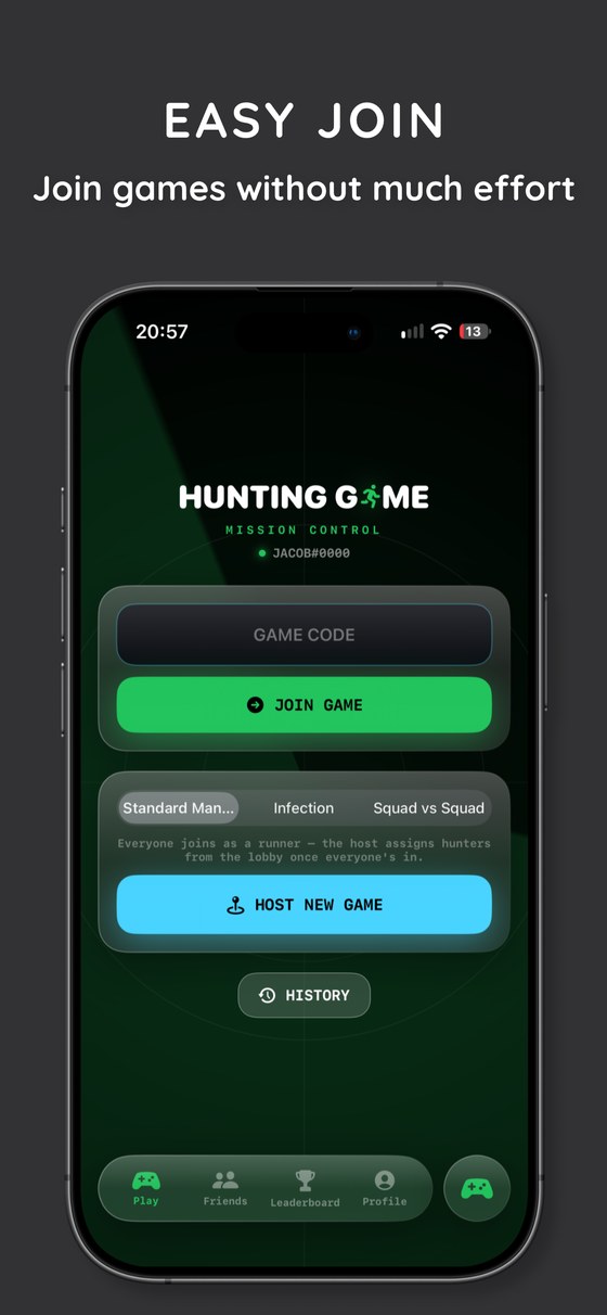 Easy Join, join games without much effort: Mission Control screen with join code, mode picker, and host button