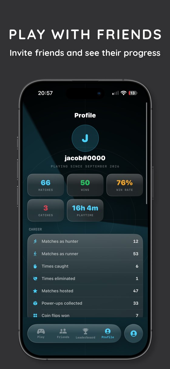 Play With Friends, invite friends and see their progress: Profile screen with match stats and career totals