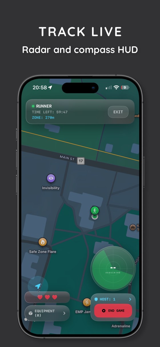 Track Live, radar and compass HUD: live match HUD showing the runner's radar, hearts, and nearby power-ups